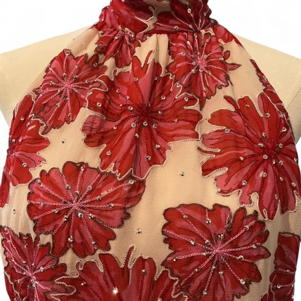 Chetta B Silk Floral Halter Top Size 14 Red Pink Sequin Embellished Asymmetrical - Picture 6 of 8
